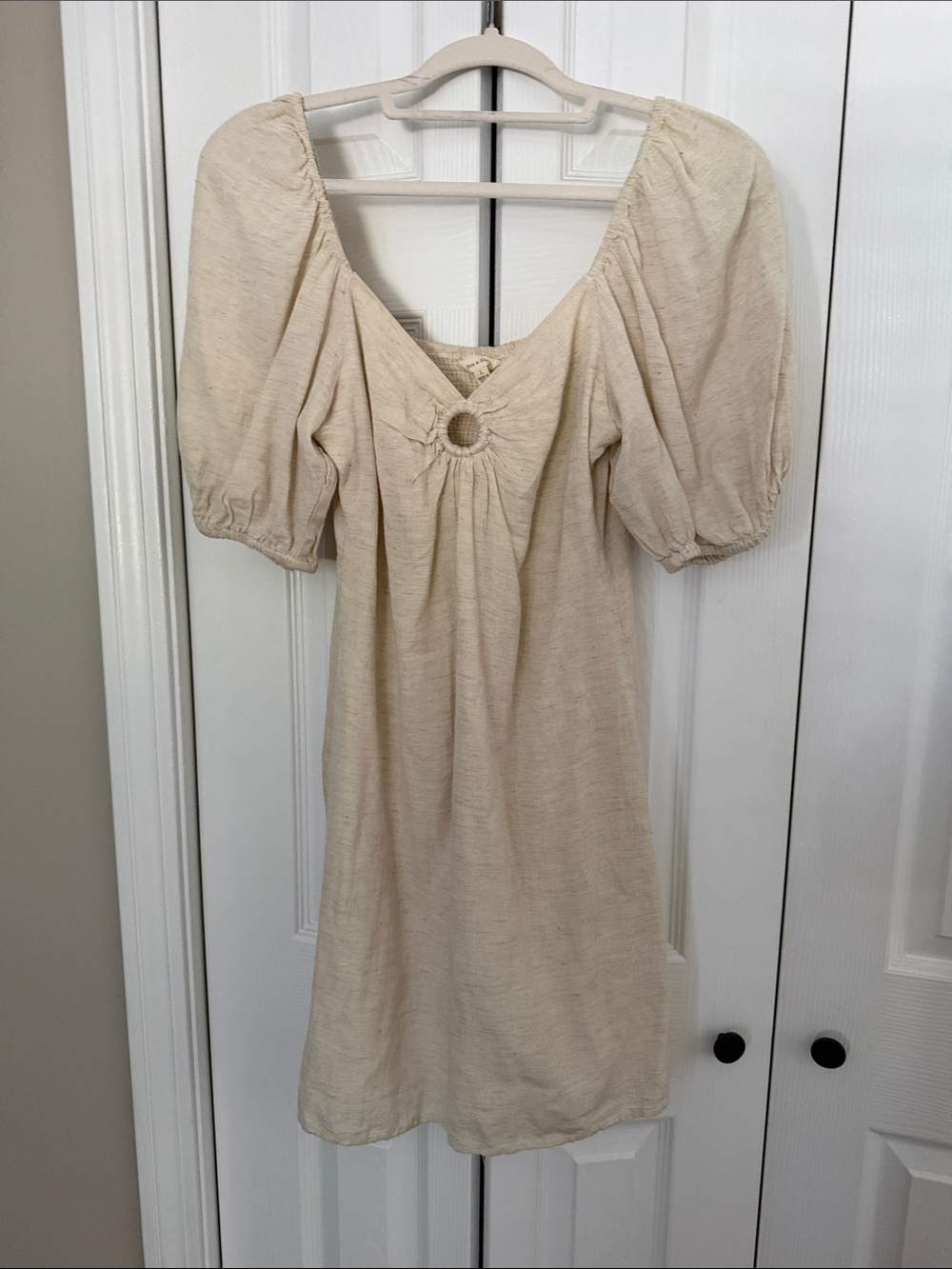 Neutral Puff-Sleeve Mini Dress with Ring Detail
